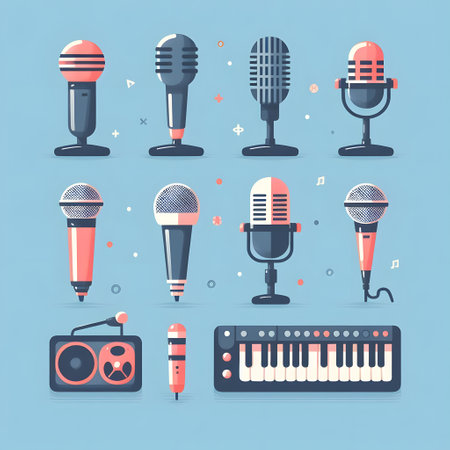 Microphones set isolated on blue background. Flat style vector illustration.の素材
