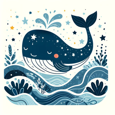 Cute hand drawn vector illustration with cute cartoon whale, seaweed and stars.の素材