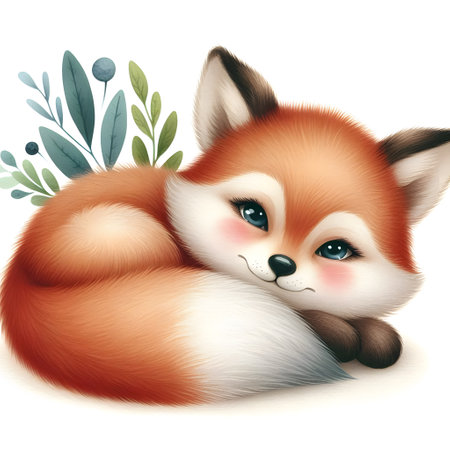 Cute little fox with a branch of a plant. Vector illustration.の素材