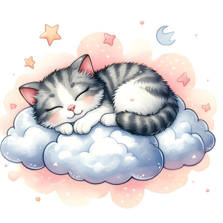 Cute cat sleeping on the cloud with stars and clouds illustration.の素材