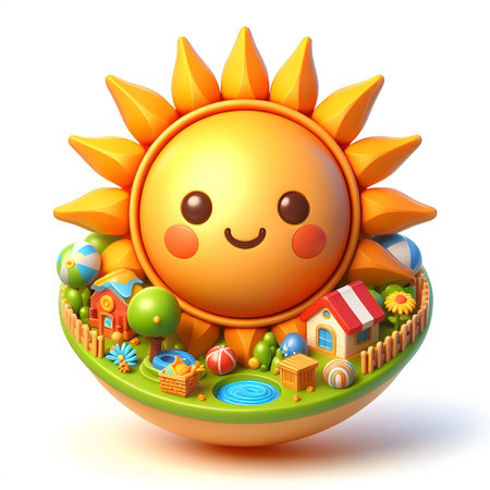 Illustration of a cute sun with toys in a bowl on a white backgroundの素材