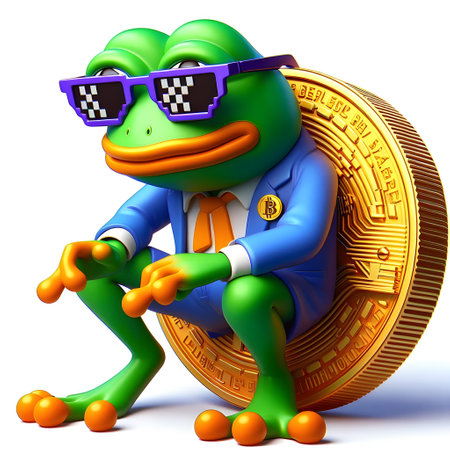 Cartoon frog with sunglasses and a gold coin on a white backgroundの素材