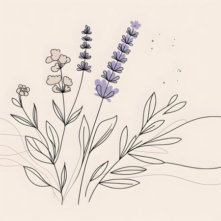 Hand drawn lavender flowers. Vector illustration in line art style.の素材