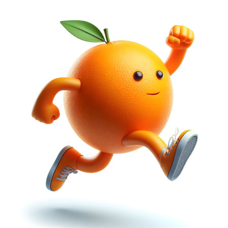 Funny orange character running on white background. 3D illustration.の素材