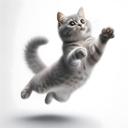Funny kitten jumping on white background. Isolated. 3D illustrationの素材
