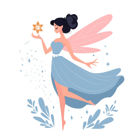 Fairy in a blue dress. Vector illustration in flat style.Vector  childish fairy, stars, moon, unicorn and other elements. Cartoon fairy for kids, girl.のイラスト素材