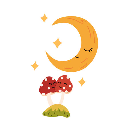 Cute cartoon mushroom and crescent moon on white background. Vector illustration.のイラスト素材