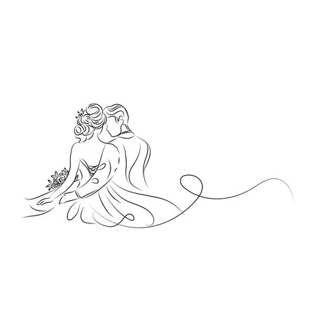 Continuous line drawing of bride and groom on a white background.のイラスト素材