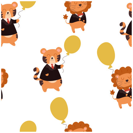 Seamless pattern with cute lion and balloons. Vector illustration.のイラスト素材