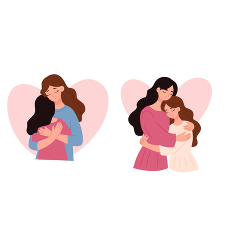 Mother and daughter hugging each other. Vector illustration in cartoon style.のイラスト素材