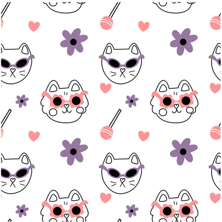 Seamless pattern with cute cats, flowers and hearts. Vector illustration.のイラスト素材