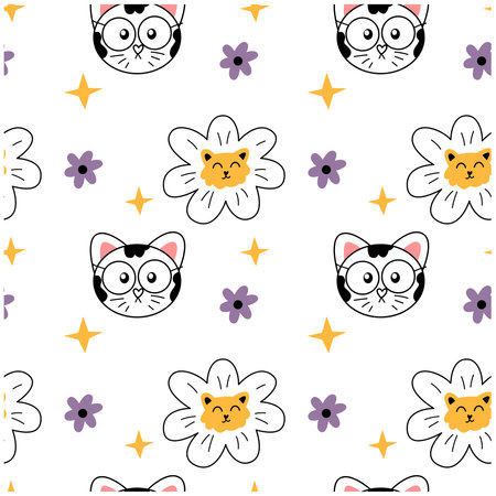 Seamless pattern with cute cats and flowers. Vector illustration.のイラスト素材