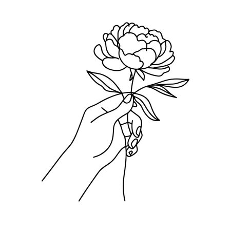 Hand holding peony flower. Outline drawing. Vector illustration.のイラスト素材