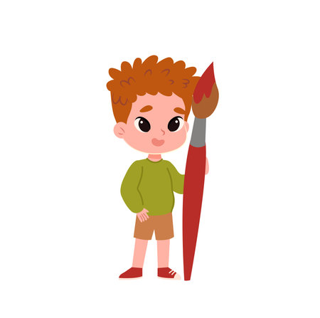 Cute little boy with red hair, holding a paint brush, cartoon vector illustration isolated on white background.のイラスト素材