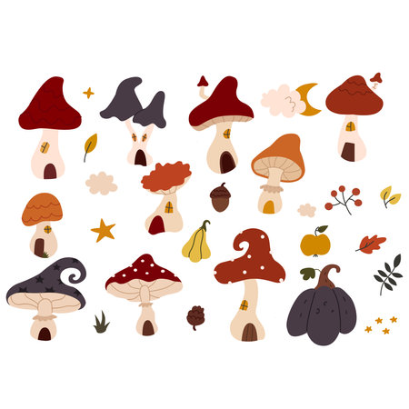 Mushrooms and autumn leaves set. Cute cartoon vector illustration.のイラスト素材