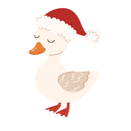 Cute cartoon duck in a Santa Claus hat. Vector illustration.のイラスト素材