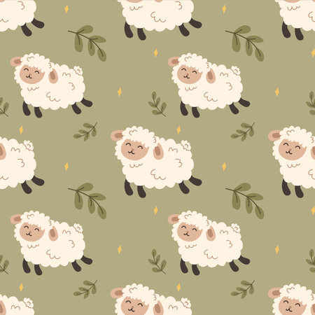 Seamless pattern with cute sheeps on a green background.のイラスト素材