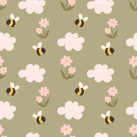 Seamless pattern with bees and flowers. Cute background with bees and flowers.のイラスト素材