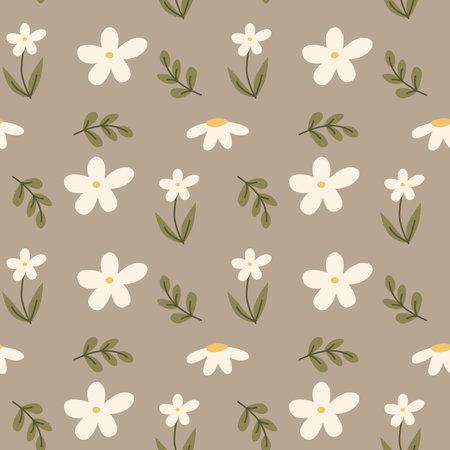 Seamless vector pattern with white flowers on a brown background.のイラスト素材