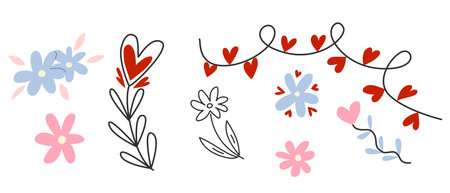 Vector set of hand drawn doodle flowers, hearts, branches and leaves.のイラスト素材