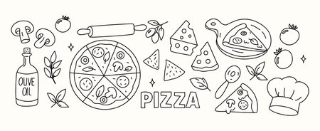 Vector illustration of pizza thin line icons set. Line art design.のイラスト素材