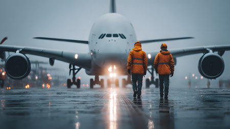 Couple in orange raincoats walking in front of an airplane.の素材