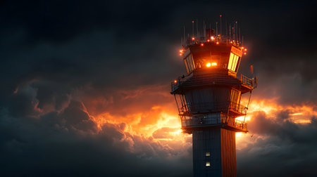 Airport control tower at sunset time. 3d render illustration.の素材