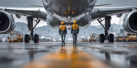 Engineer and worker standing in front of the airplane in the airportの素材