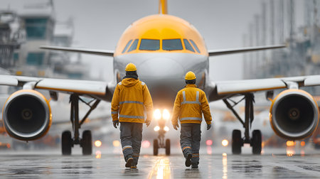 Rear view of two workers walking in front of the airplane.の素材