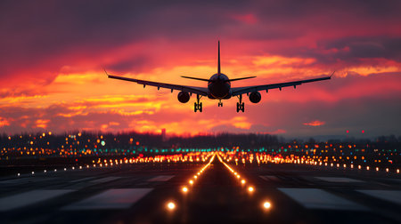 Airplane on the runway at sunset. 3d render. Travel conceptの素材