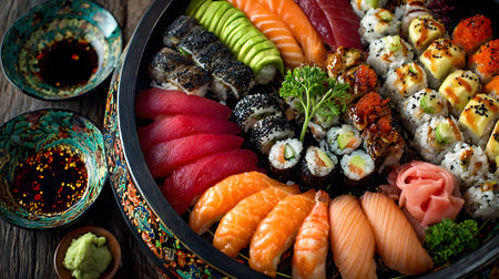 Sushi set with salmon, tuna, eel, avocado, cucumber, wasabi, ginger and wasabi on wooden tableの素材