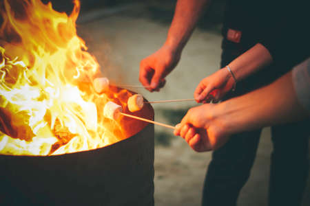 Human hands holding sticks for open fire marshmallow roasting at night time. Close view background...