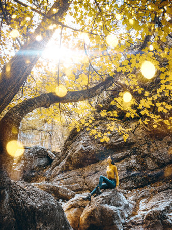 Beautiful girl sitting on the rock in the sunset forest. Picture demonstrating illuminating yellow color in nature and daily lifeの写真素材