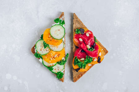 Vegetarian vs. Meat Eating. Two diet types sandwichesの写真素材