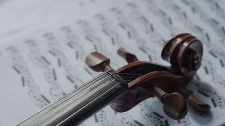 Close up detail on violin body, bow and music notes background. Classic instrument with copy space areaの写真素材