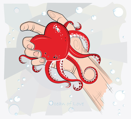 Heart in the hand  Vector illustration  In his hand lies the heart in the form of an octopusのイラスト素材