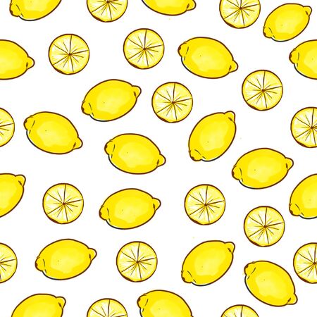 Seamless lemon pattern. Hand drawn citrus ornament on white bakgroundの写真素材