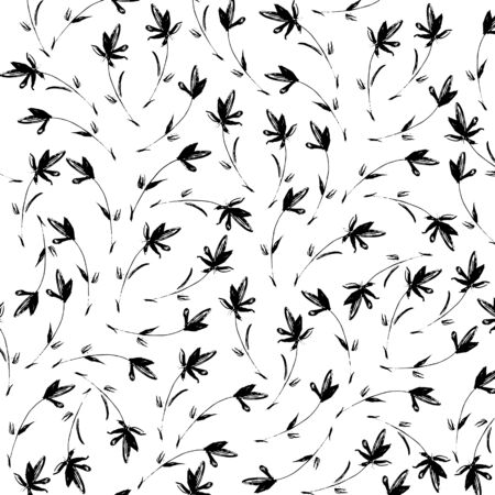 Seamless black and white floral pattern. Cute flower pattern. Ink painted flower backgroundのイラスト素材