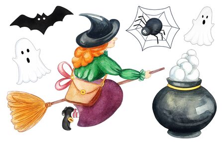 Cute Watercolor set halloween party. Happy Halloween design elemen.Cute halloween icons, badges and objects. Hand drawn halloween set llustrations isolated on white backgroundの写真素材