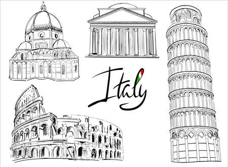 Minimalistic line-art landmark icons of the Italy architecture. Big set of tourist attractionsのイラスト素材