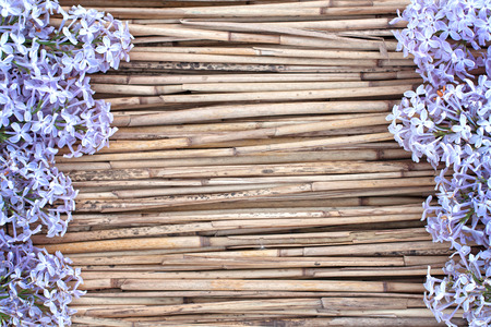 Lilac flowers on dry reed background, blossom branch on vintage woodの写真素材