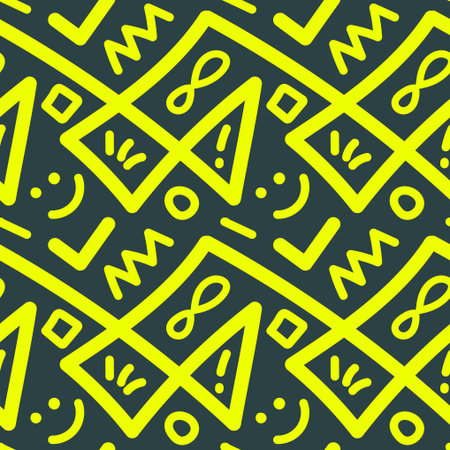 Continuous background featuring lime green line art doodles including hearts arrows and abstract...
