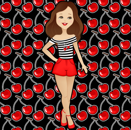Beautiful girl on background of cherries. Cute girl with red lips. Young girl. Fashion teen. Cherry seamless pattern on backdrop. Pretty girl. Romantic illustration.のイラスト素材