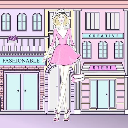 Fashion girl on the street. Cute girl in pink dress. Young model walking to the shops. Fashionable woman. Girl goes shopping.のイラスト素材