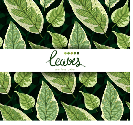 Vector seamless background with leaves. Realistic pattern with green foliage. Botanic texture. Great nature design. Leaf fall. Decorative elegant illustration. Decorative illustration with branches.のイラスト素材