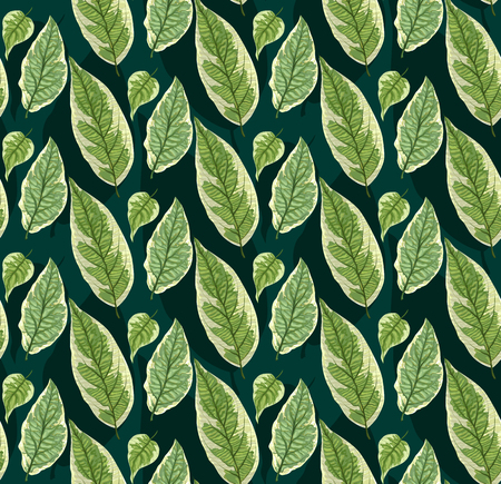 Vector seamless background with leaves. Realistic pattern with green foliage. Botanic texture. Great nature design. Leaf fall. Decorative elegant illustration. Decorative illustration with branches.のイラスト素材