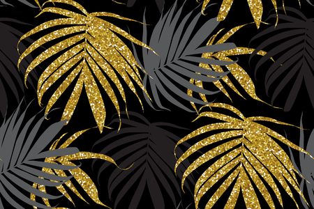 Vector gold glitter palm leaf on a dark background. Tropical leaのイラスト素材