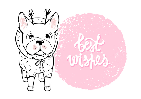 Merry Christmas illustration with funny dog. Hand drawn vector fのイラスト素材