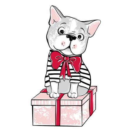 Merry Christmas illustration with funny dog. Hand drawn vector fのイラスト素材