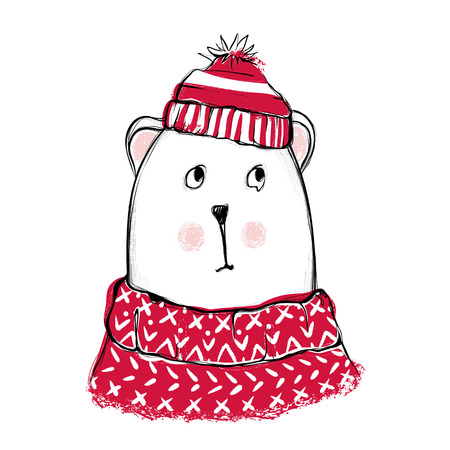 Cute bear. Hand drawn vector teddy with red sweater, scarf and hのイラスト素材